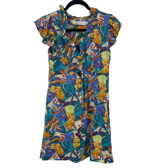 Tracy Negoshian Ruffle Sleeve Hawaiian Themed Shift Dress Womens Small - Picture 1 of 7
